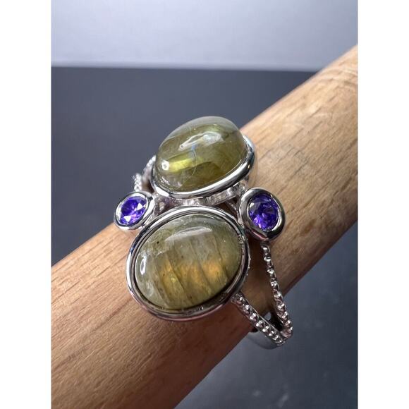 Labradorite and purple CZ sterling silver ring size 9 - Picture 2 of 11